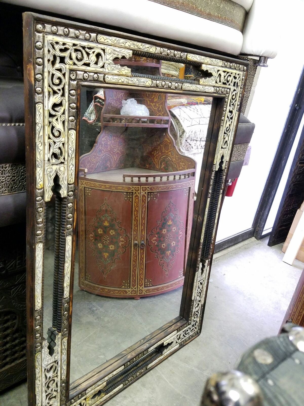 Moroccan Camel Bone Inlay Mirror, Moorish Design, Handcrafted Wood Frame (62.5 x 46.5)