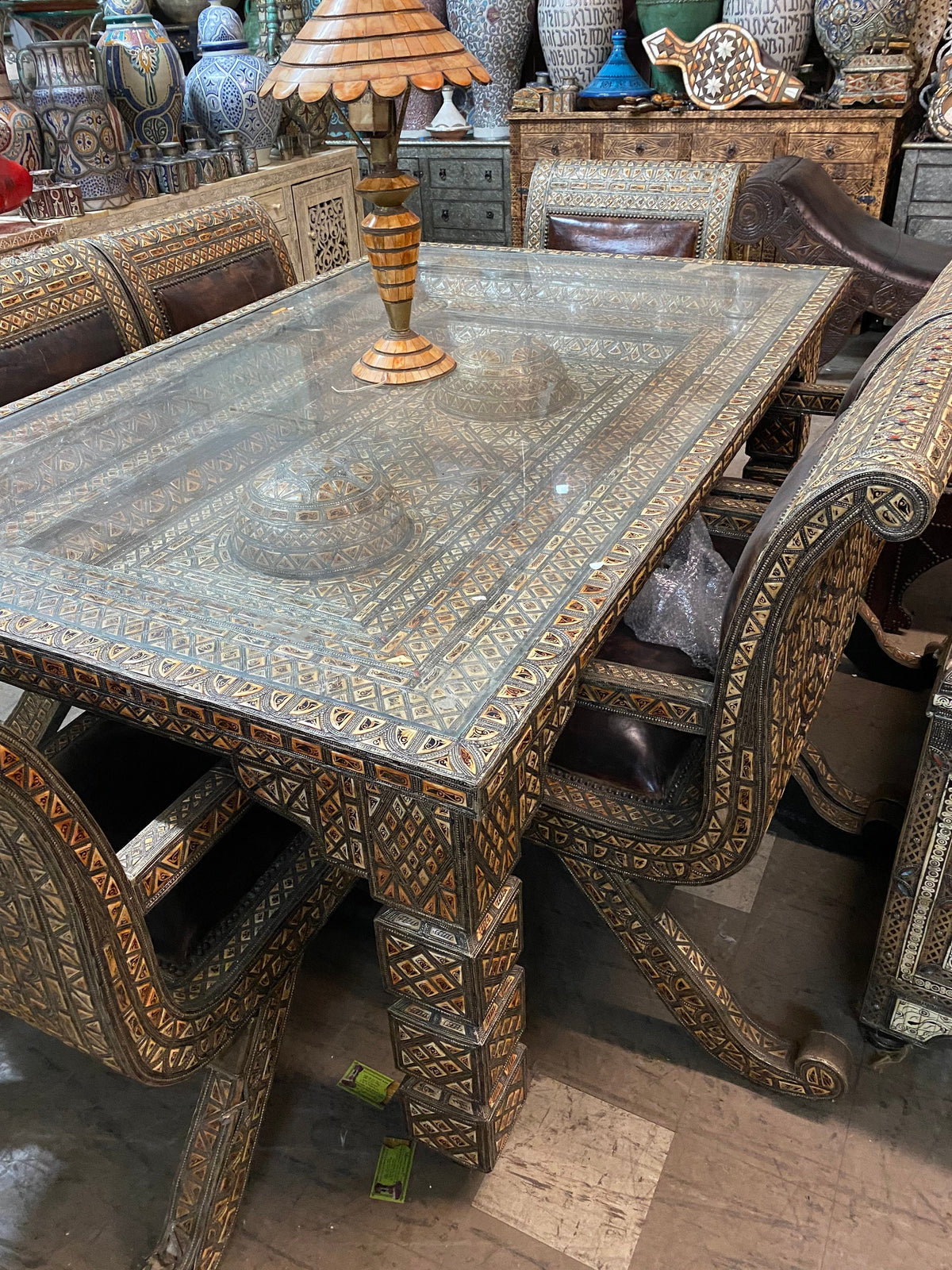 Extra Large Vintage Moroccan Dining Room Set – Camel Bone & Leather, 6 Chairs