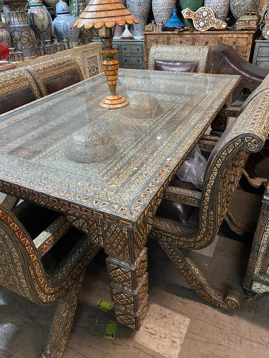 Extra Large Vintage Moroccan Dining Room Set – Camel Bone & Leather, 6 Chairs
