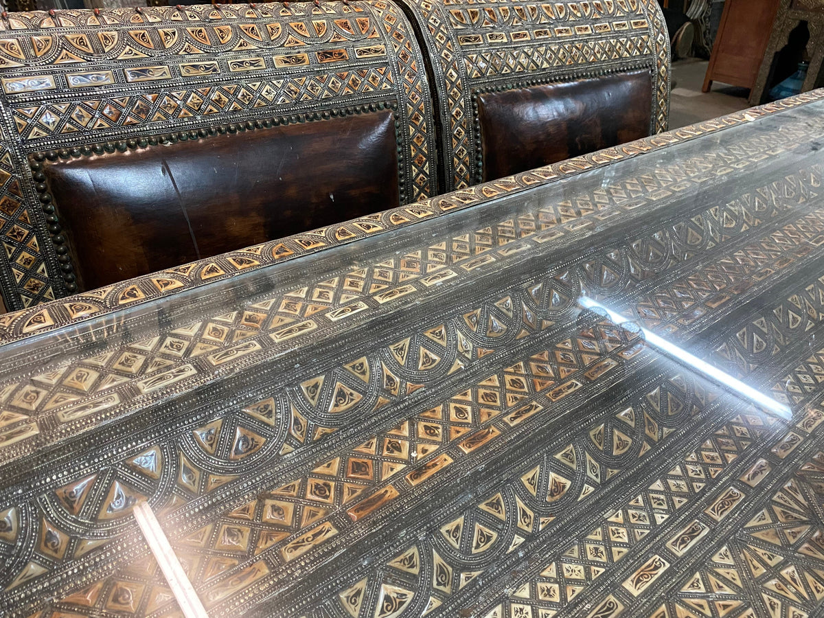 Extra Large Vintage Moroccan Dining Room Set – Camel Bone & Leather, 6 Chairs