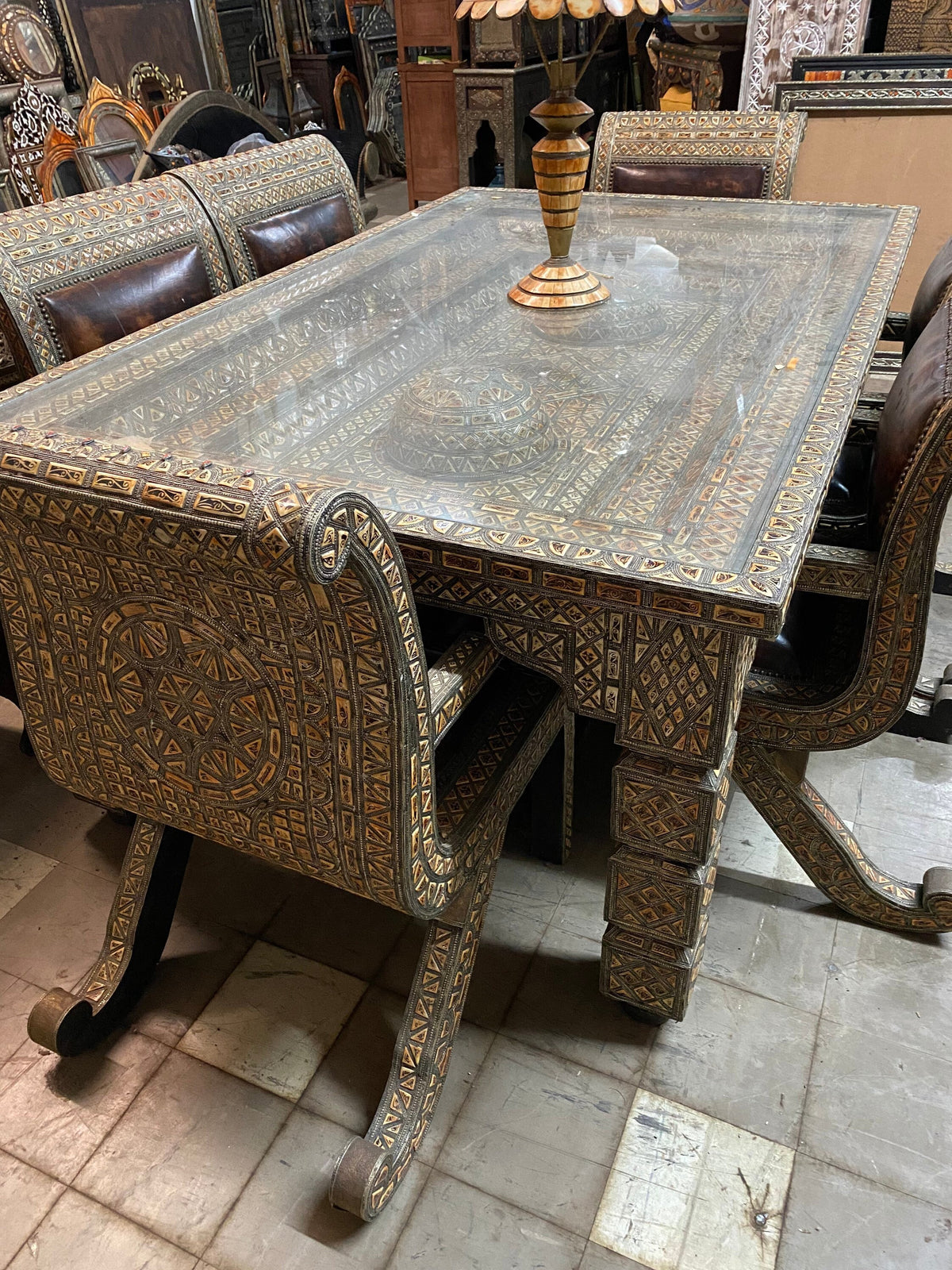 Extra Large Vintage Moroccan Dining Room Set – Camel Bone & Leather, 6 Chairs