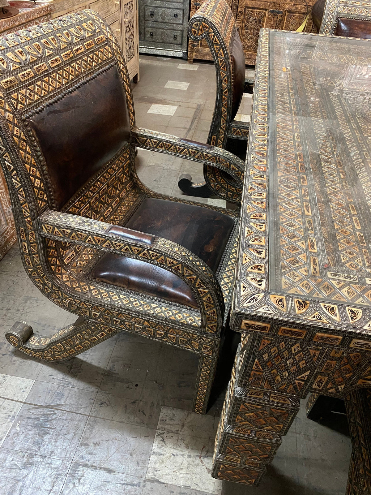 Extra Large Vintage Moroccan Dining Room Set – Camel Bone & Leather, 6 Chairs