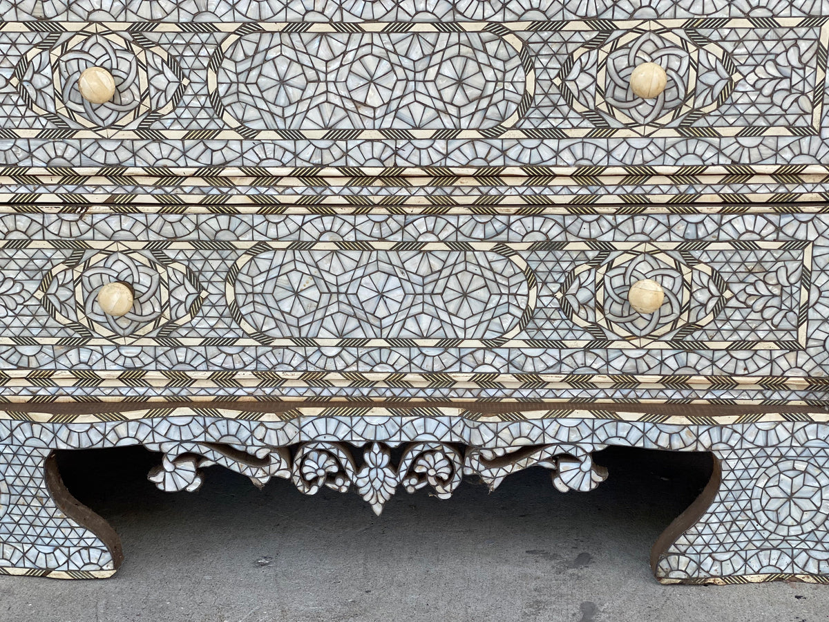 Handcrafted Syrian Mother of Pearl Inlaid Chest of Drawers, Bone Inlay, Marble Top