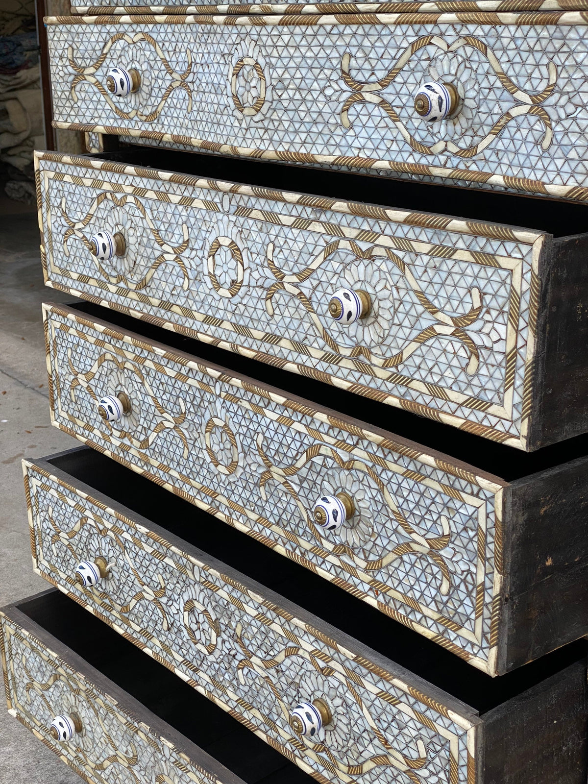 Moroccan Mother of Pearl Inlaid Dresser, Bone & Shell, 5 Drawers