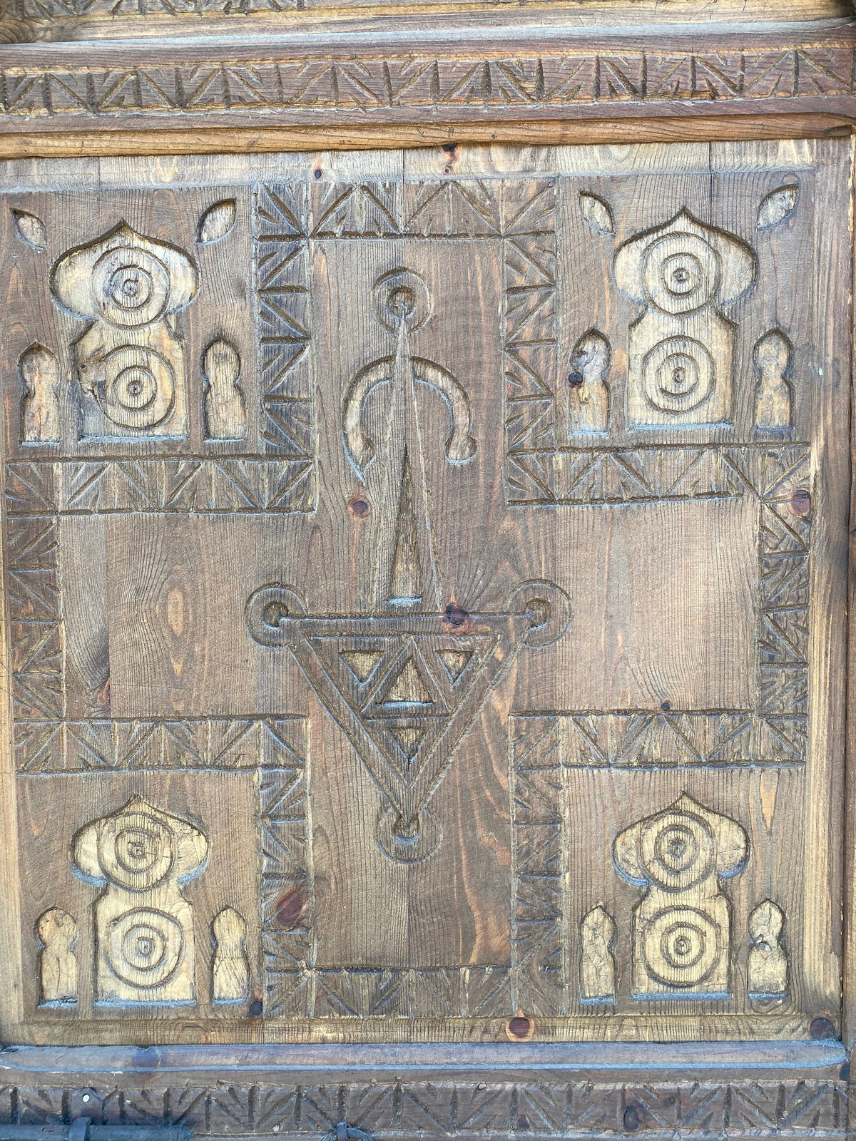Hand Carved Berber Door: Vintage Moroccan Touareg Cedar, 79" x 32.5"