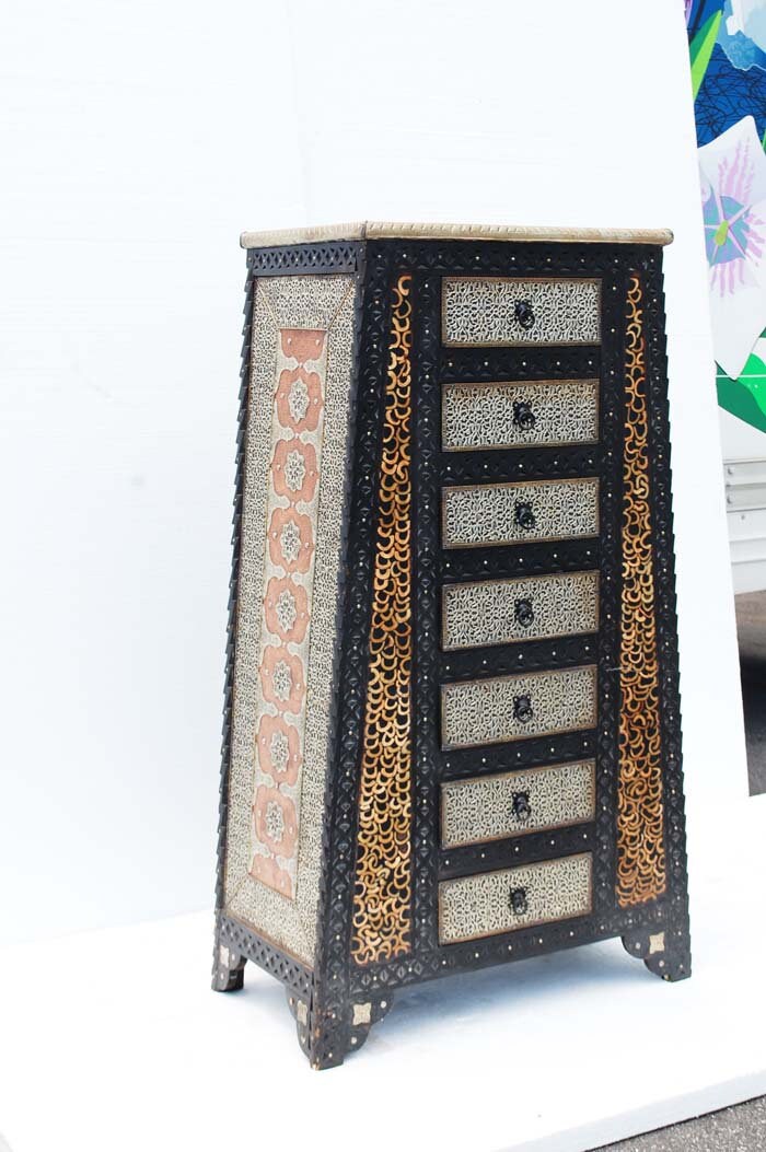 Inlaid Camel Bone Cabinet: Moroccan Moorish Dresser, Tall Orange Accent