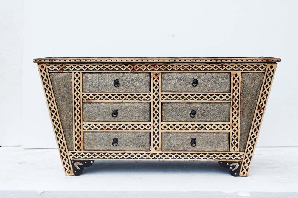 Hand Carved Moroccan Wooden Cabinet, Silver Metal Drawers