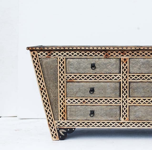 Hand Carved Moroccan Wooden Cabinet, Silver Metal Drawers