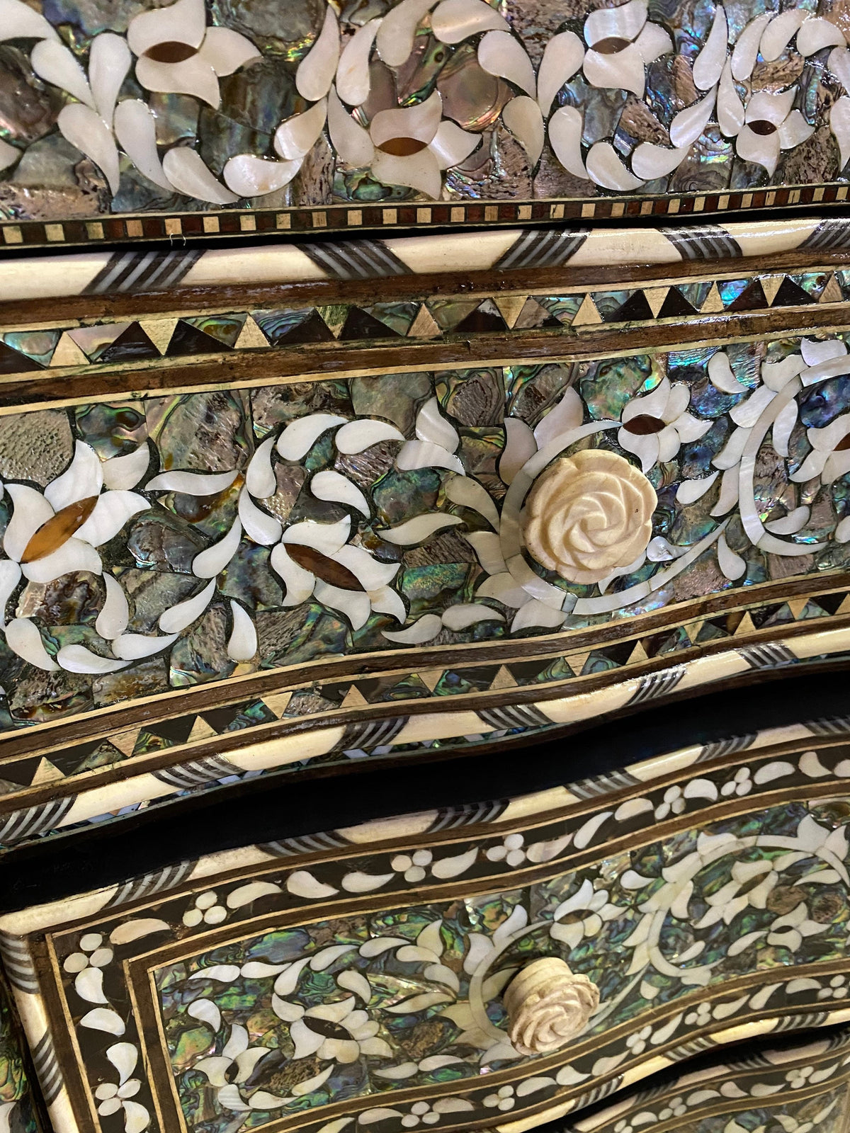 Vintage Syrian Dresser: Green Abalone, Mother of Pearl Inlay, Marble Top
