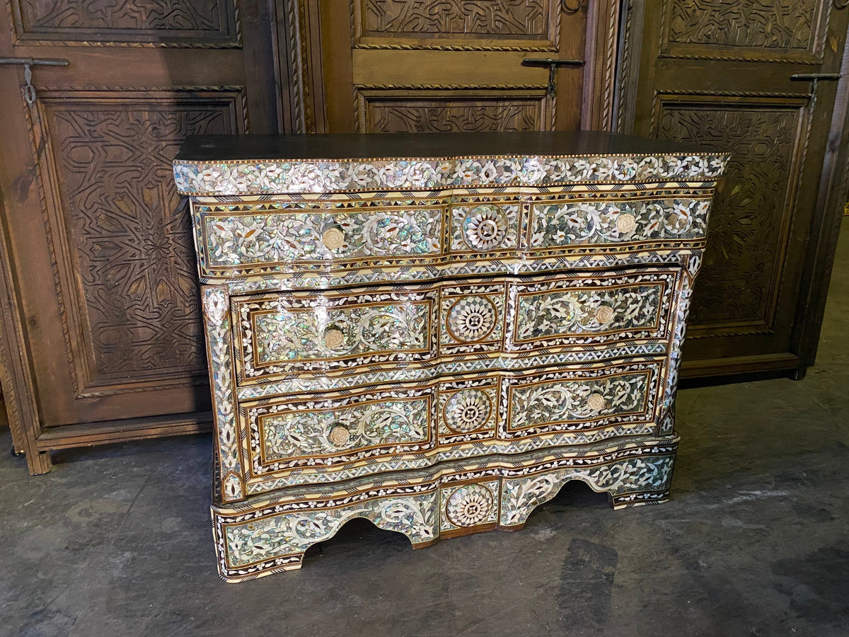 Vintage Syrian Dresser: Green Abalone, Mother of Pearl Inlay, Marble Top