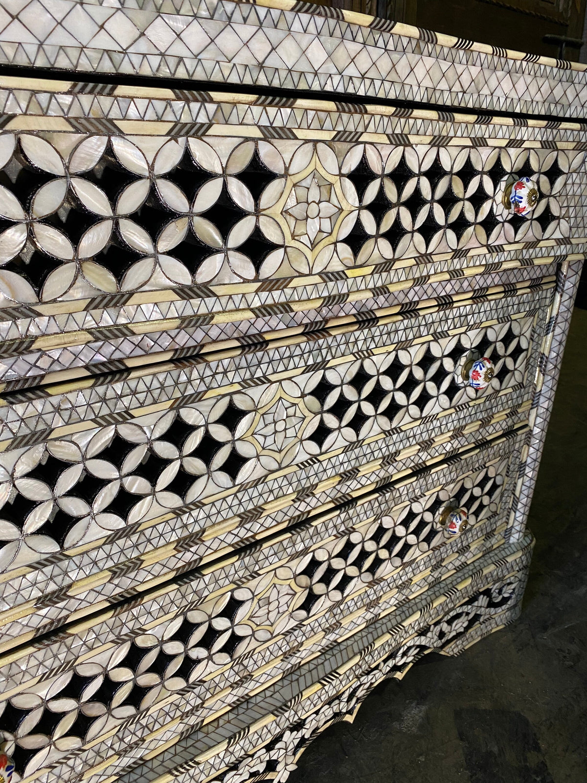 Vintage Syrian Mother of Pearl Inlaid Dresser, Moroccan Bone Chest