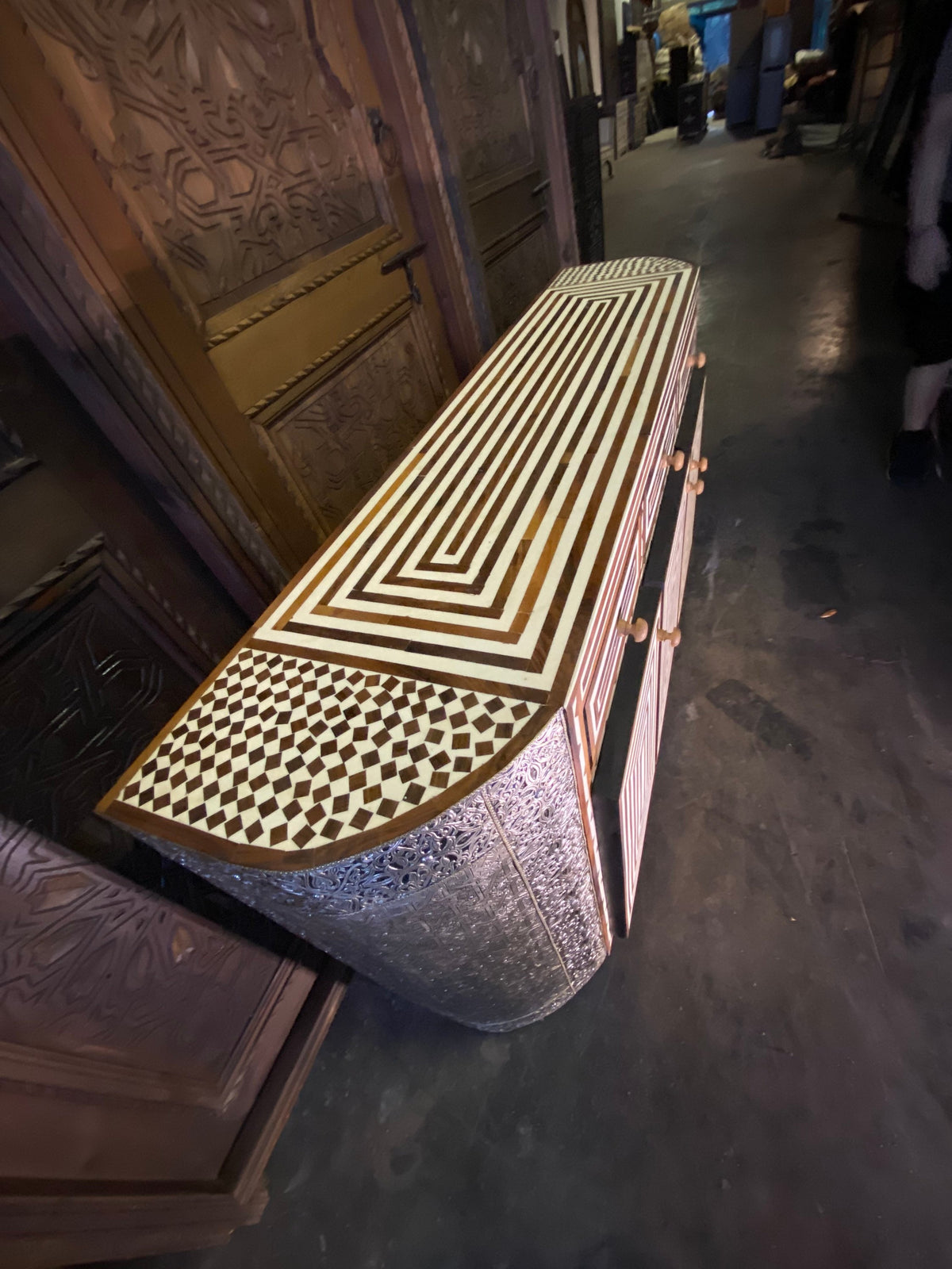 Handmade Moroccan Bone Inlay Cabinet, Silver Metal & Resin Accent