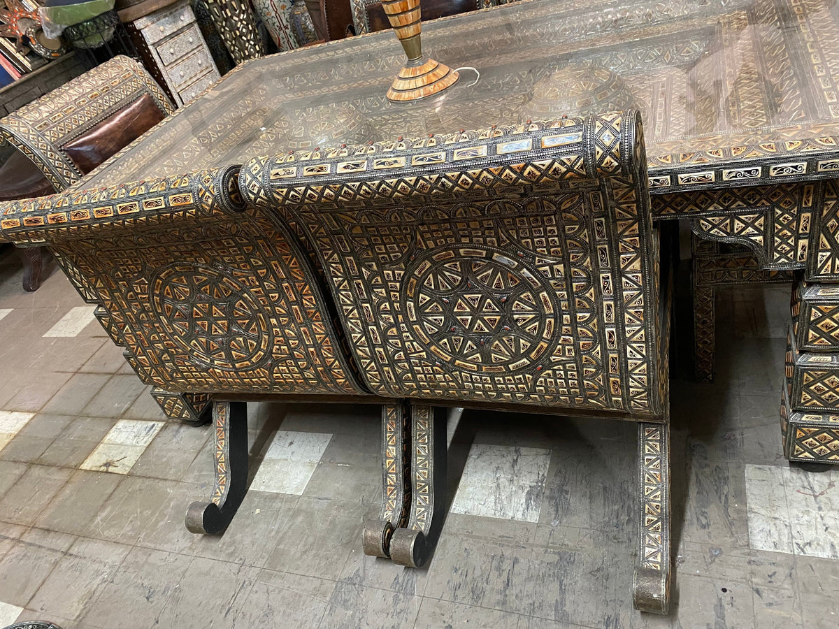 Extra Large Vintage Moroccan Dining Room Set – Camel Bone & Leather, 6 Chairs