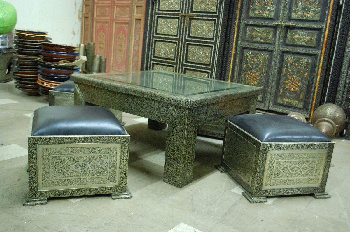 Handmade Moroccan Silver Metal Coffee Table & Leather Pouf Seating