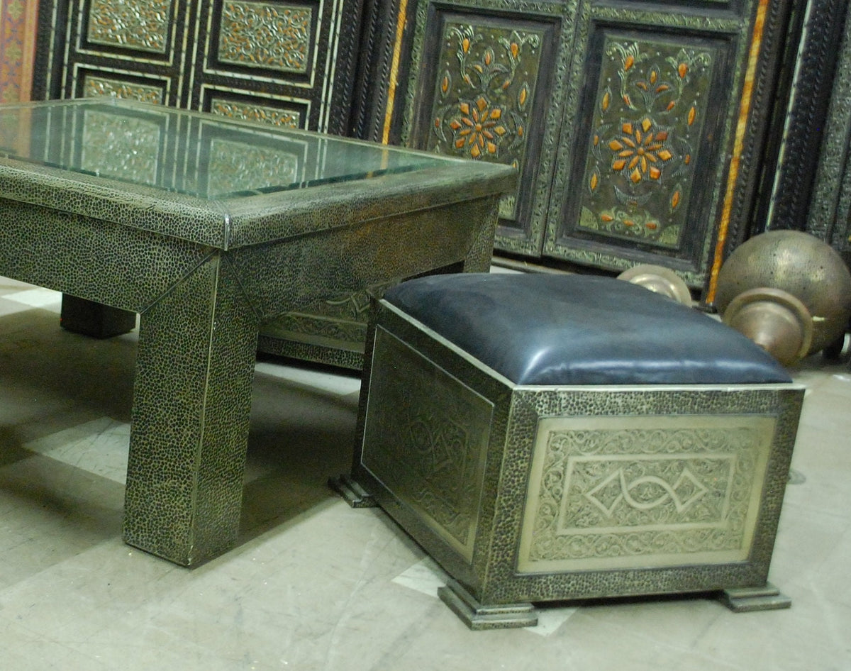 Handmade Moroccan Silver Metal Coffee Table & Leather Pouf Seating