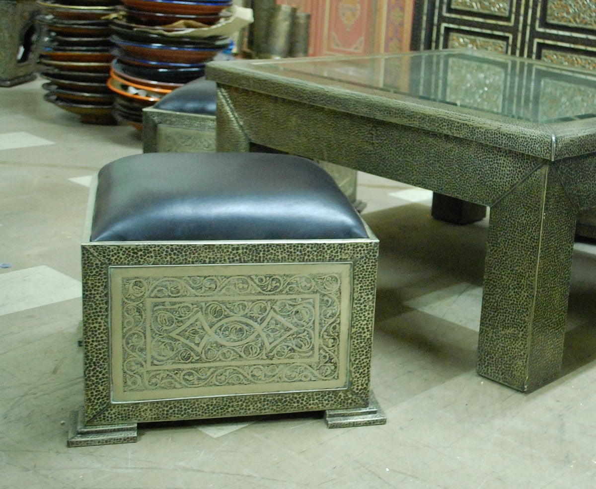 Handmade Moroccan Silver Metal Coffee Table & Leather Pouf Seating