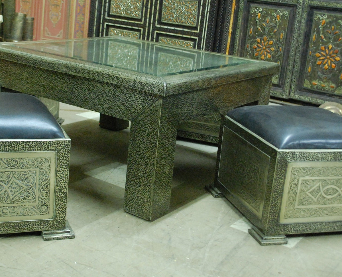 Handmade Moroccan Silver Metal Coffee Table & Leather Pouf Seating