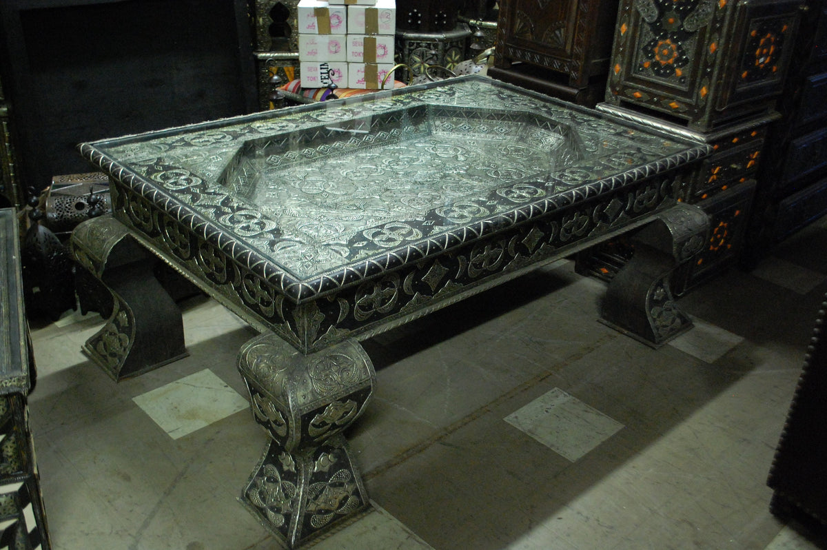 Handmade Vintage Moroccan Silver Table, Metal Inlay Wooden Furniture