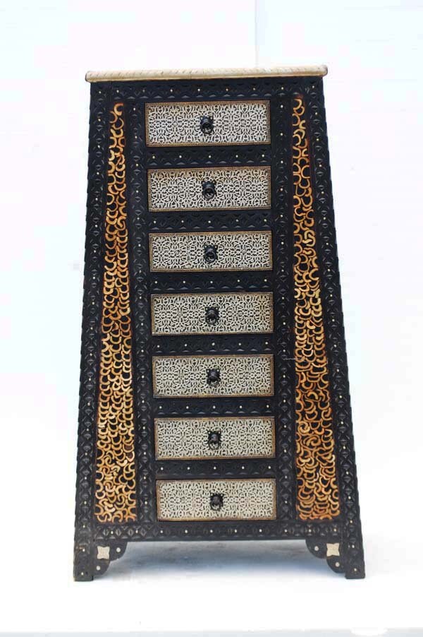 Inlaid Camel Bone Cabinet: Moroccan Moorish Dresser, Tall Orange Accent