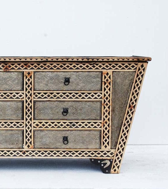 Hand Carved Moroccan Wooden Cabinet, Silver Metal Drawers