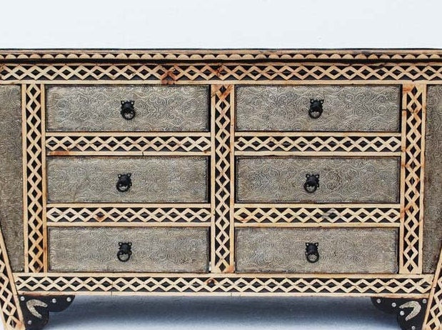 Hand Carved Moroccan Wooden Cabinet, Silver Metal Drawers