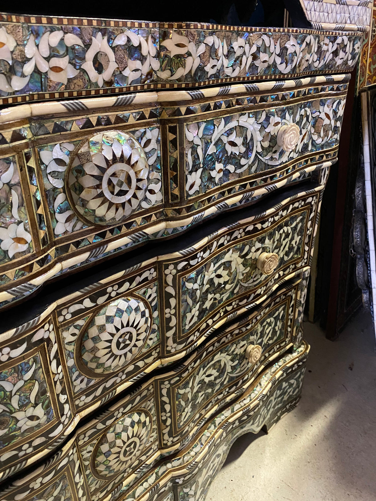 Vintage Syrian Dresser: Green Abalone, Mother of Pearl Inlay, Marble Top