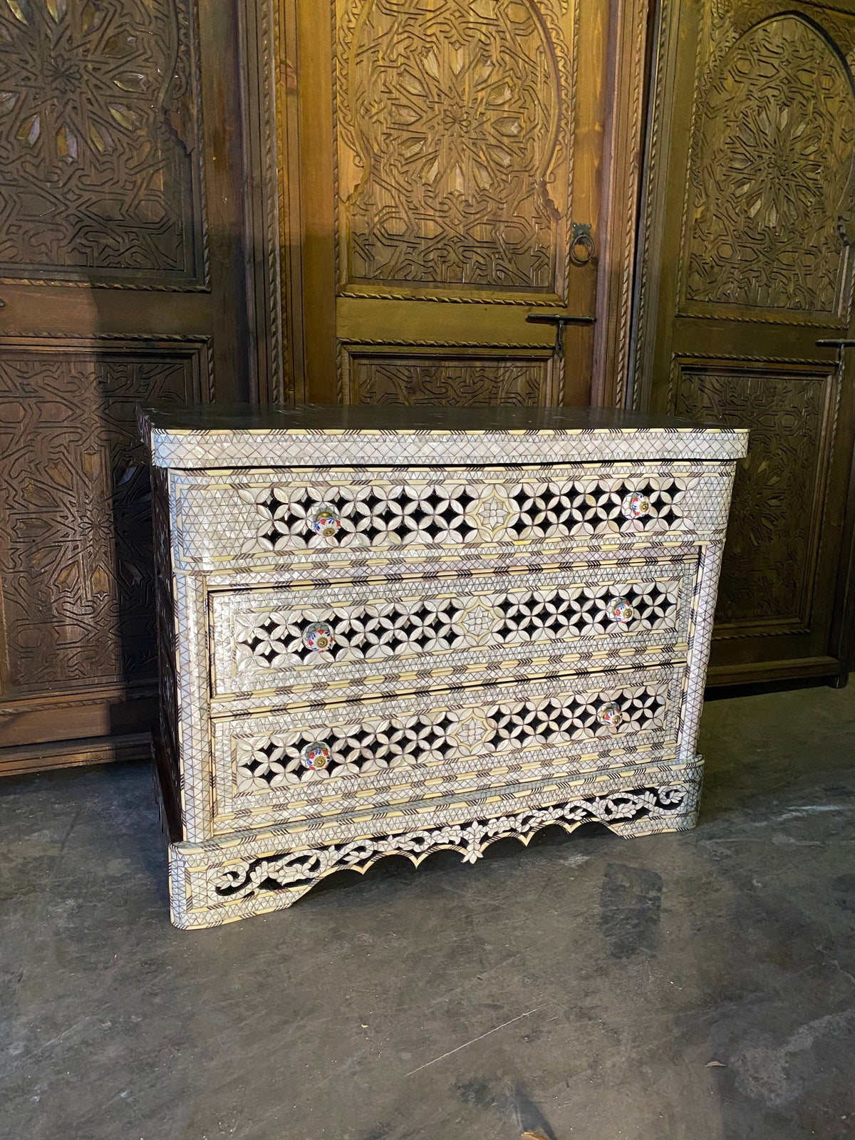 Vintage Syrian Mother of Pearl Inlaid Dresser, Moroccan Bone Chest