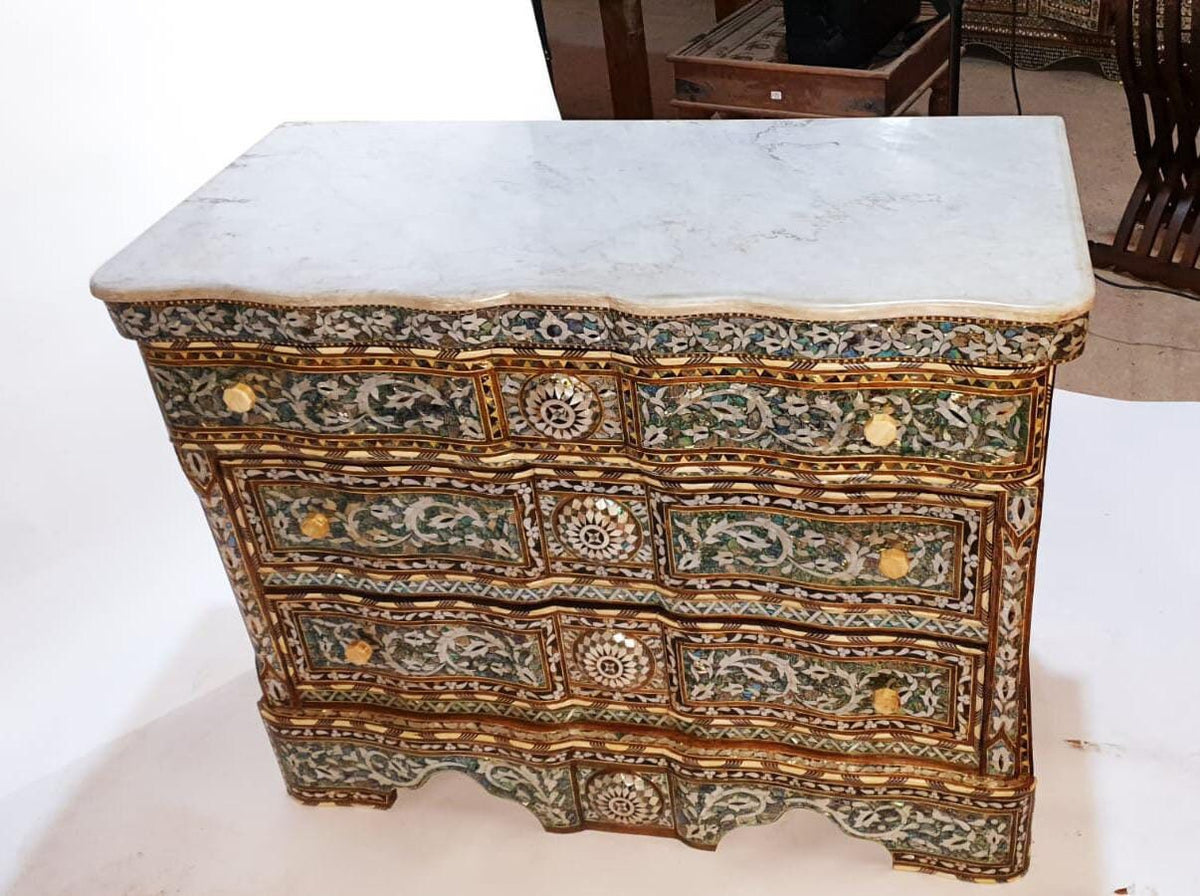 Vintage Syrian Dresser: Green Abalone, Mother of Pearl Inlay, Marble Top