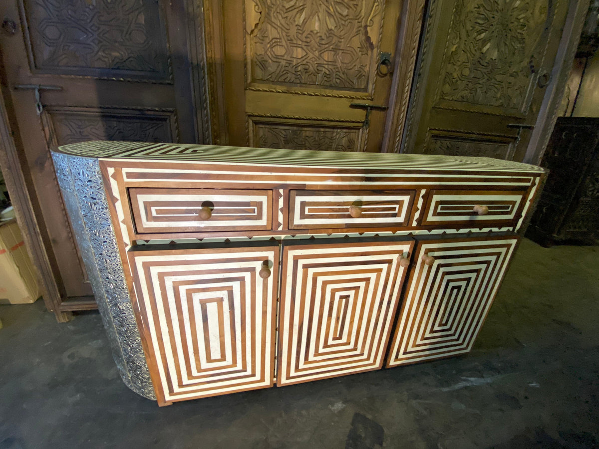Handmade Moroccan Bone Inlay Cabinet, Silver Metal & Resin Accent