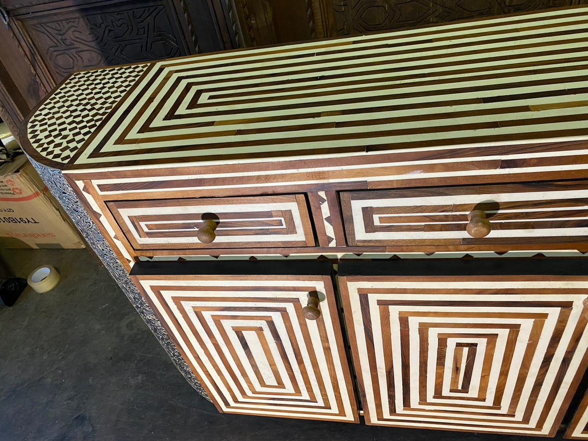 Handmade Moroccan Bone Inlay Cabinet, Silver Metal & Resin Accent