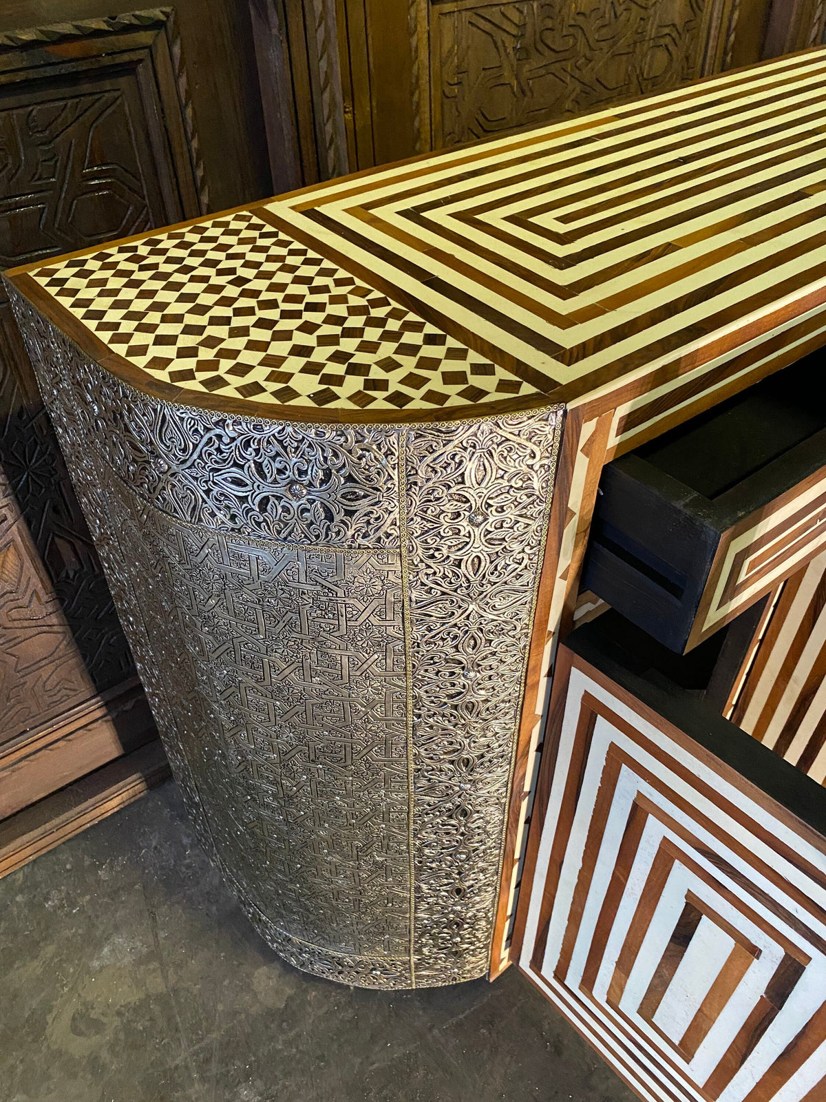 Handmade Moroccan Bone Inlay Cabinet, Silver Metal & Resin Accent