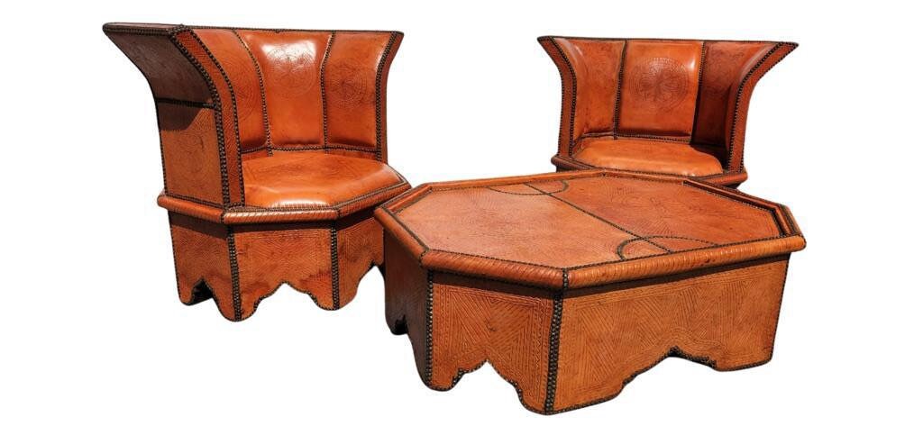 Vintage Orange Leather Moroccan Table and Chairs Set, Handmade Solid Wood