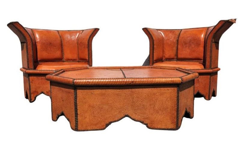 Vintage Orange Leather Moroccan Table and Chairs Set, Handmade Solid Wood