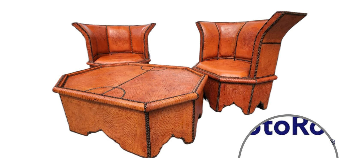 Vintage Orange Leather Moroccan Table and Chairs Set, Handmade Solid Wood