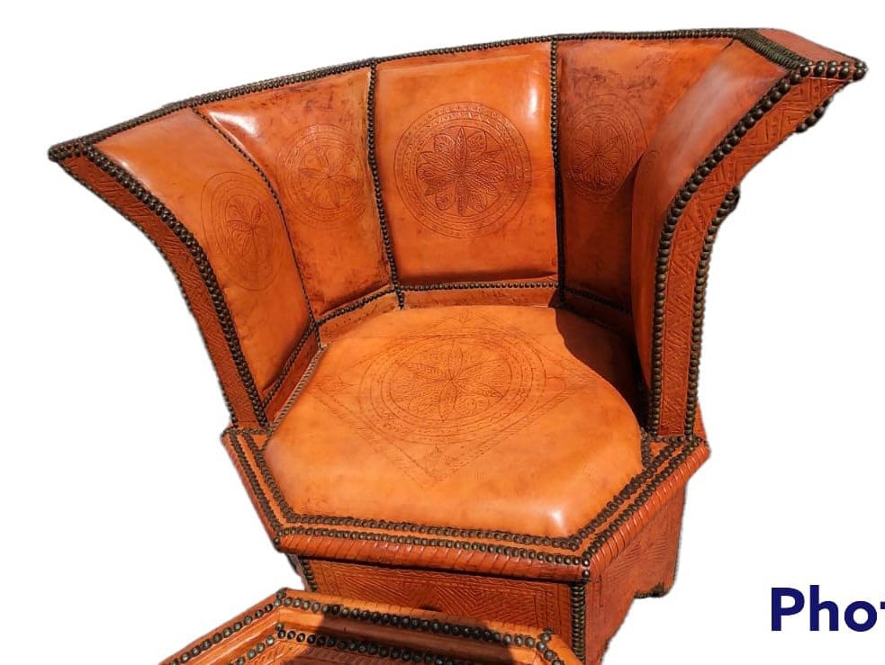 Vintage Orange Leather Moroccan Table and Chairs Set, Handmade Solid Wood