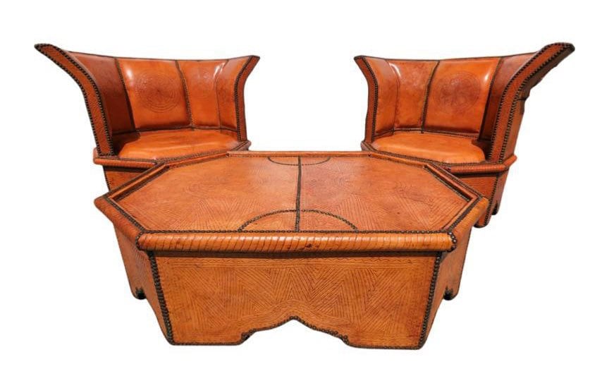 Vintage Orange Leather Moroccan Table and Chairs Set, Handmade Solid Wood