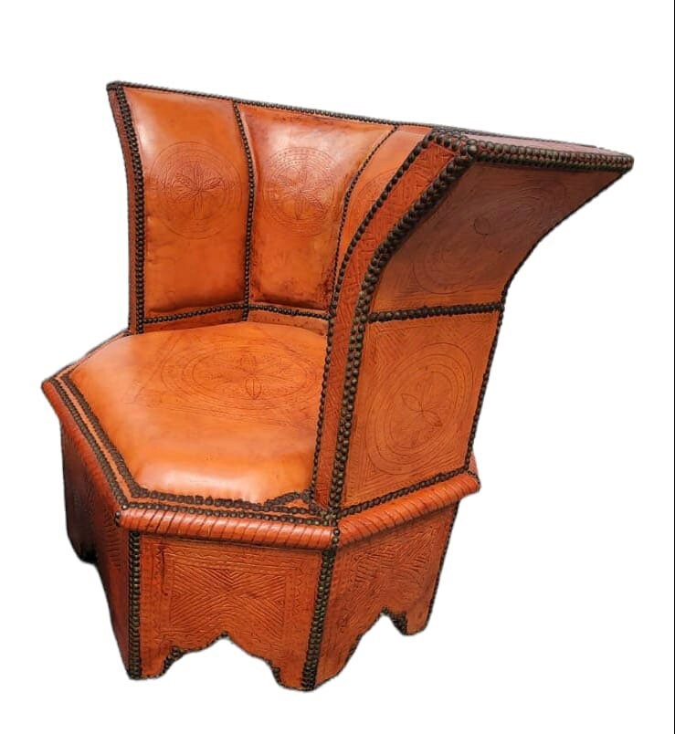 Vintage Orange Leather Moroccan Table and Chairs Set, Handmade Solid Wood