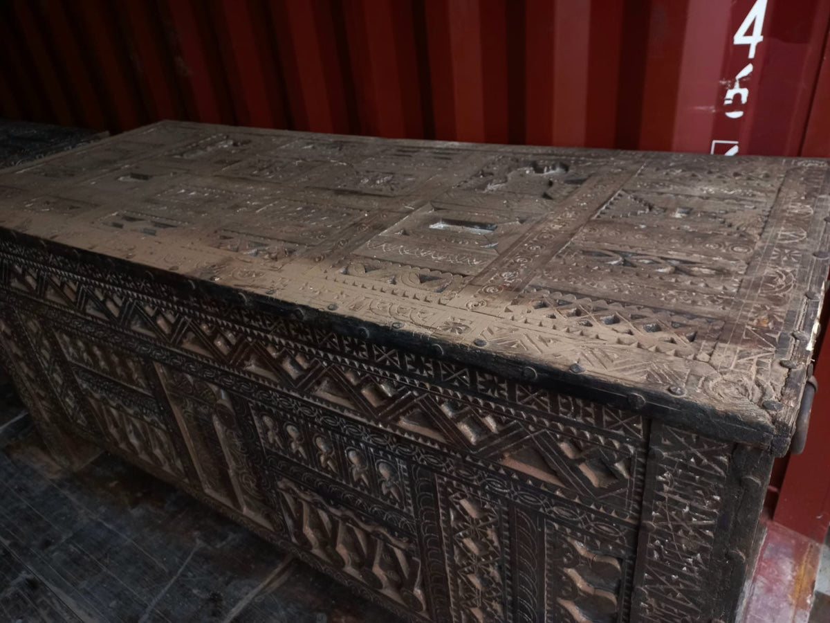 Large Vintage Moroccan Chest, Hand-Carved Touareg Trunk