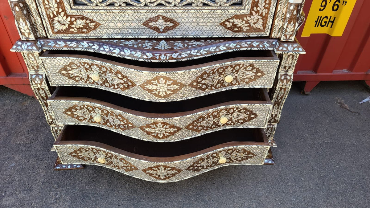 Handcrafted Syrian Mother of Pearl Armoire, Moroccan Bone Inlay