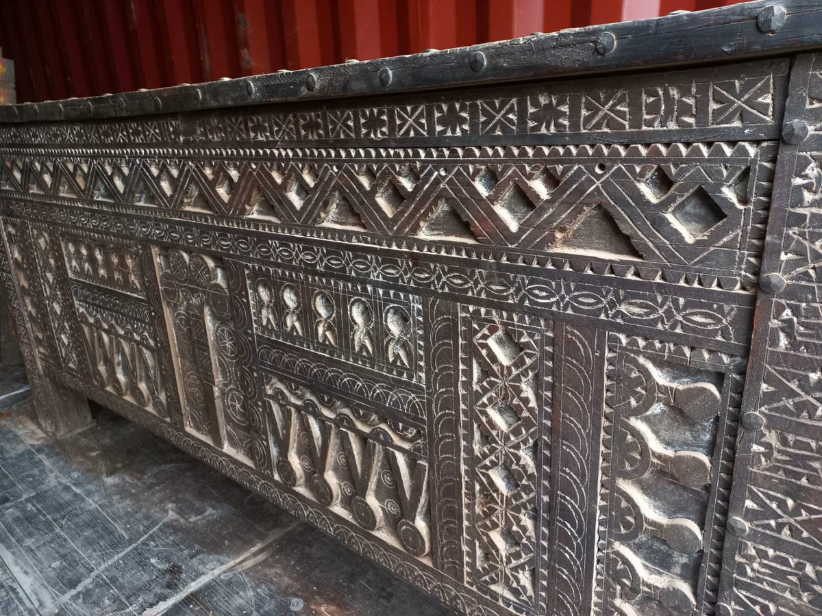 Large Vintage Moroccan Chest, Hand-Carved Touareg Trunk