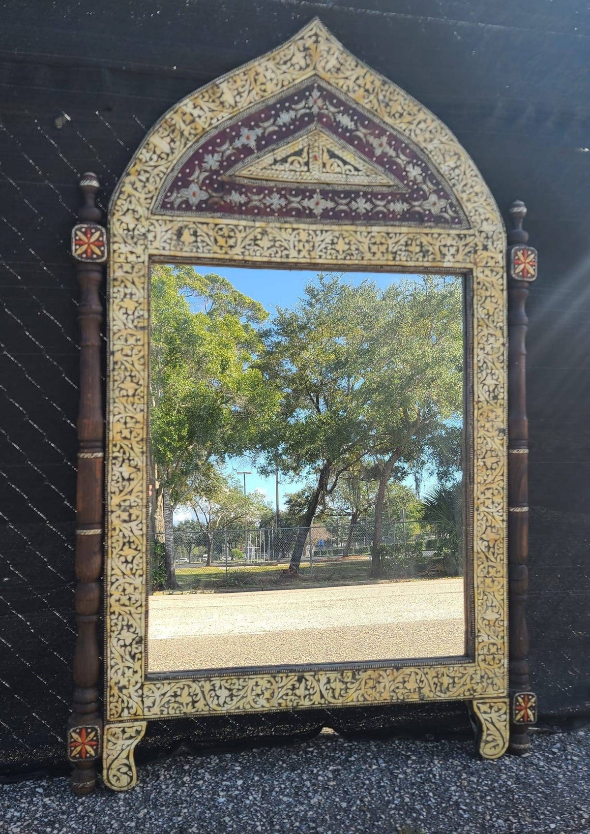 Large Antique Moroccan Mirror: Camel Bone Inlay, Moorish Design (61x38)