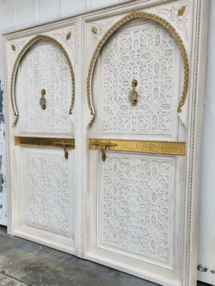 Handmade Moroccan Carved King Bed Headboard: Vintage Geometric Cedar, Brass door knockers