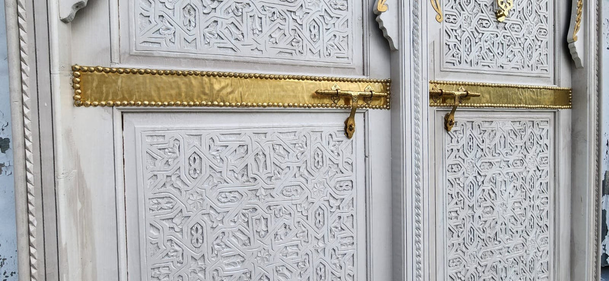 Handmade Moroccan Carved King Bed Headboard: Vintage Geometric Cedar, Brass door knockers