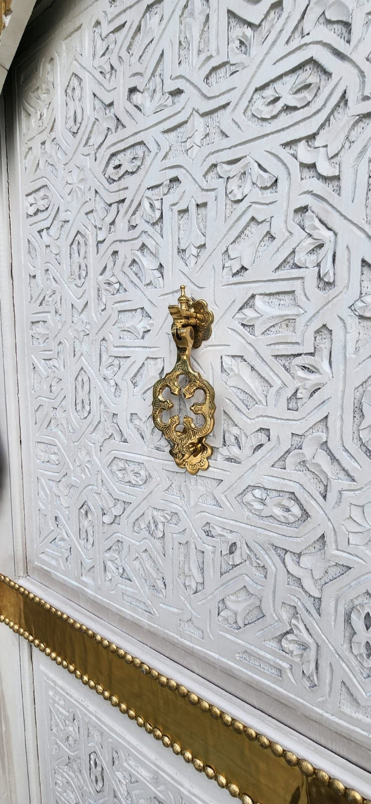 Handmade Moroccan Carved King Bed Headboard: Vintage Geometric Cedar, Brass door knockers