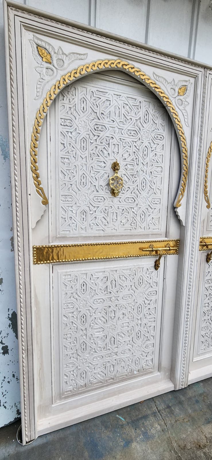 Handmade Moroccan Carved King Bed Headboard: Vintage Geometric Cedar, Brass door knockers