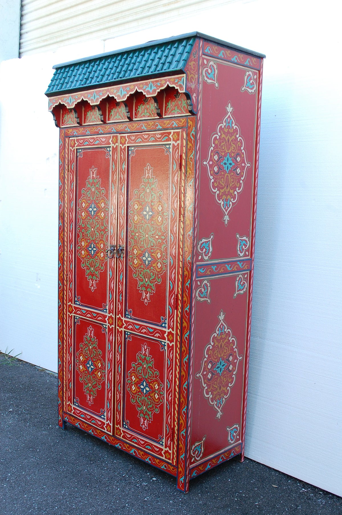 Vintage Hand-Painted Moroccan Armoire, Moorish Red Bedroom Furniture