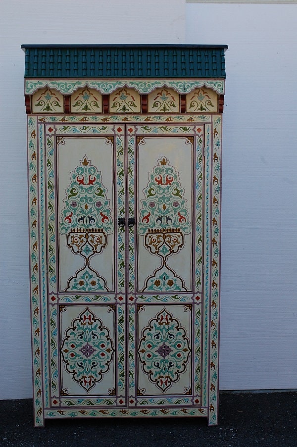 Vintage Hand-Painted Moroccan Armoire, Moorish Style, Bedroom Furniture
