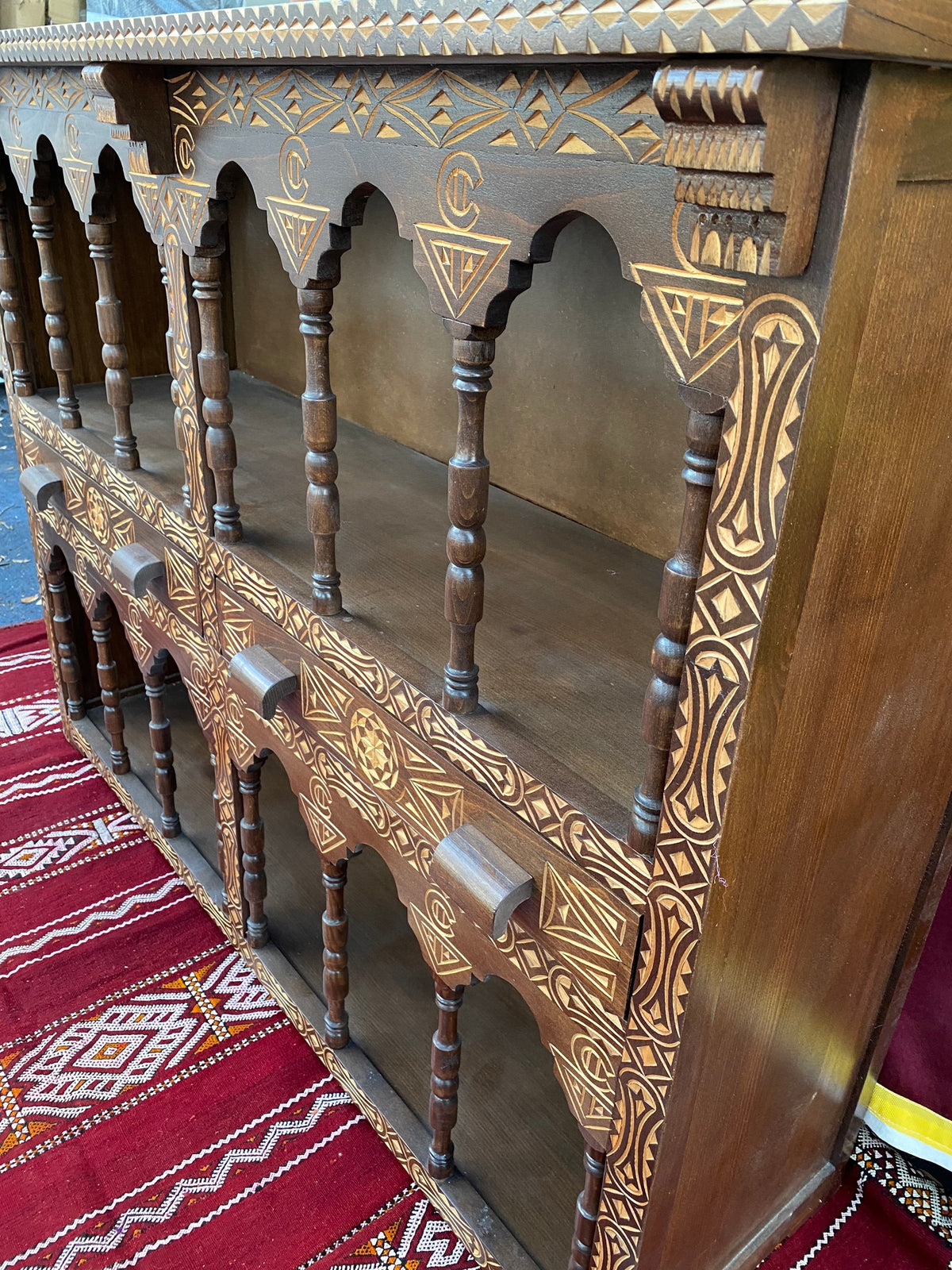 Handmade Moroccan Cedar Cabinet: Moorish Arch Carved Shelf