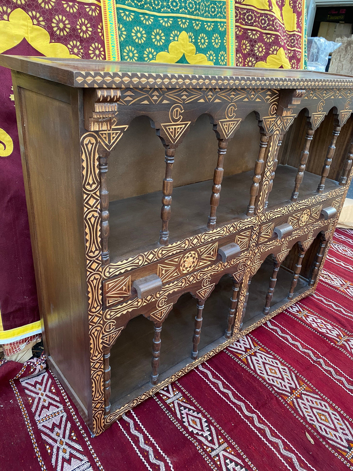 Handmade Moroccan Cedar Cabinet: Moorish Arch Carved Shelf