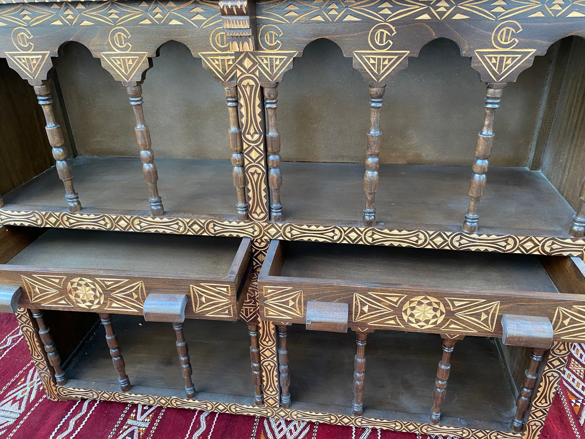 Handmade Moroccan Cedar Cabinet: Moorish Arch Carved Shelf